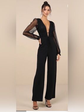 Lulu's Black Sheer-Sleeve Wide-Leg Jumpsuit